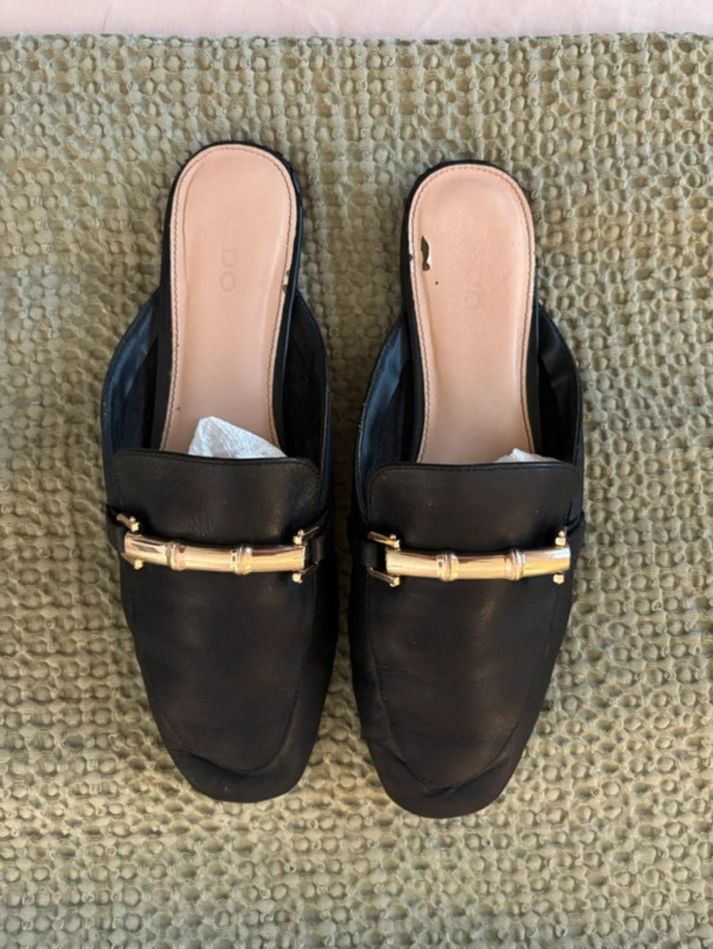 ALDO Black Leather Bamboo Gold Hardware Loafer Mules Size 7.5